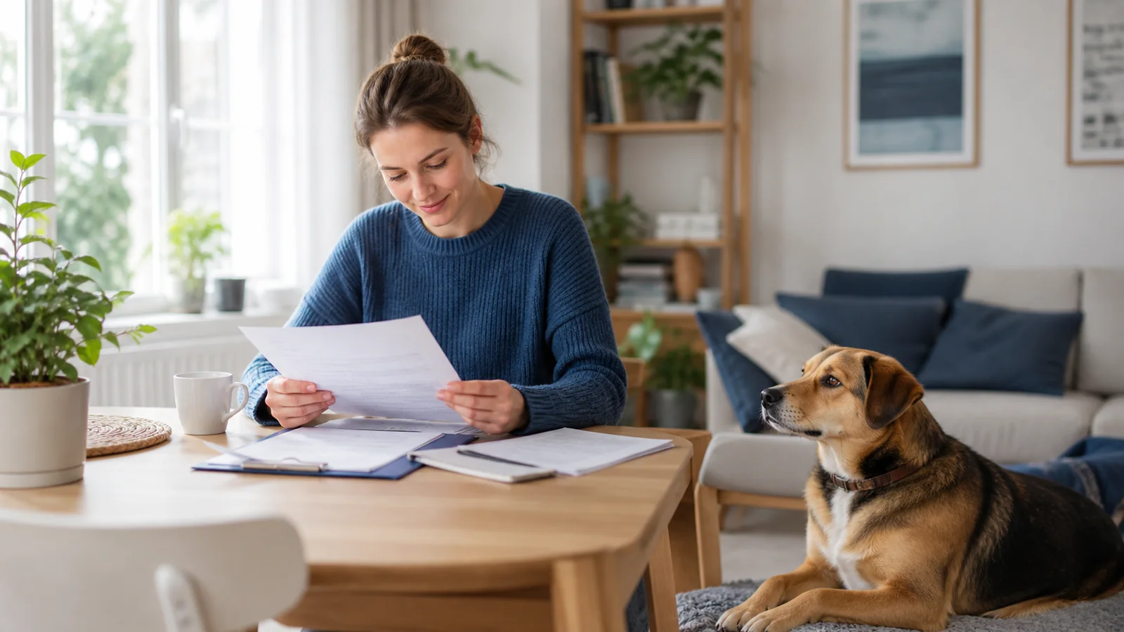 Hundehalterin prüft Versicherungsunterlagen, während ihr Hund neben ihr ruht